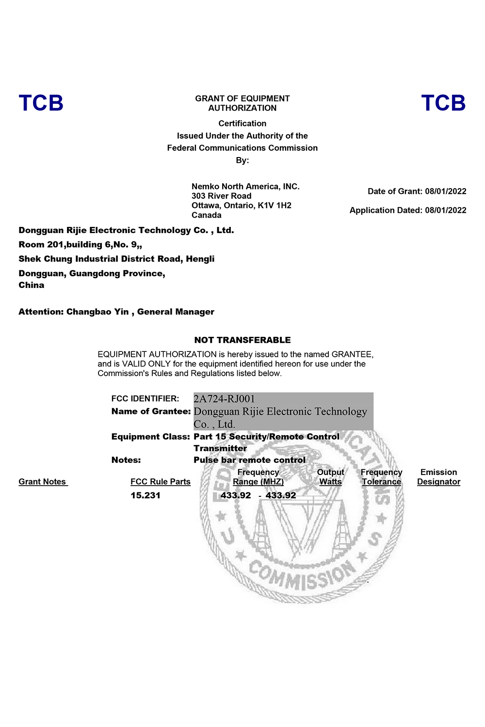 FCC Certificate